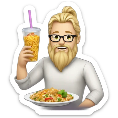 Tall long haired pony tail blonde man with beard and octagon glasses eating thai food sticker