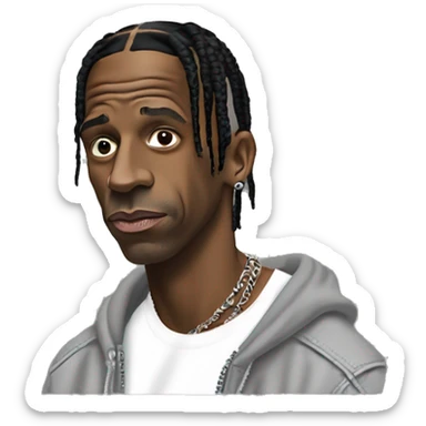 Iconic-style Candid Likeness Travis Scott:

A cool presence in streetwear, with focused eyes and laid-back stance. Known for his electric energy and innovative vibe, blending hype with a sense of mystery. sticker