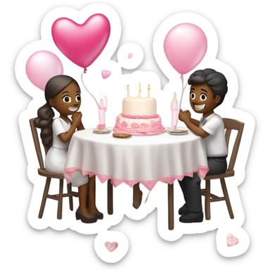 pink romantic party setting for two people and heart balloon  table with white cloth and candle with bows on the table and white Korean cake sticker