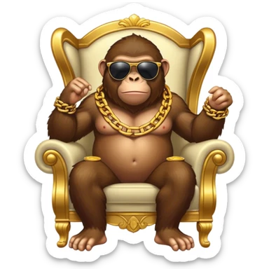 ape with big golden chain on the neck wearing sunglasses sitting in the armchair that stands on gold coins full height sticker