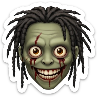 zombie with brown skin, messy black dreads hair, wide centered brown eyes, dark bloody marks under the eyes, and a smile showing crooked teeth grillz, giving a distressed, undead look. sticker