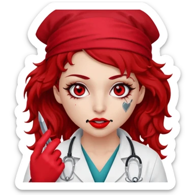 Lilith scalpel in hand, evil surgeon sexy surgeon clothes.  She has red eyes. Dark brown curly hair. Wears sexy doctor outfit with red gloves.covers her mouth necknose with red bandana to hide  her identity. Hair is long and brown hair is free but must cover her face sticker