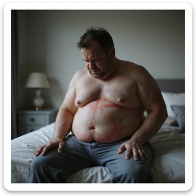 man sitting on bed edge or in bathroom, expression of pain and discomfort, evident abdominal bloating, hyperrealistic 4K details, realistic environment, atmosphere of intestinal malaise sticker
