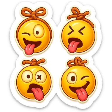 Create more emoji variations inspired by the reference image of a yellow emoji face with a silly expression, tongue out, and a rope tied in a decorative knot above the head. Keep the style playful and cartoonish, varying the facial expressions and rope knot shapes while maintaining the retro stickers style. sticker