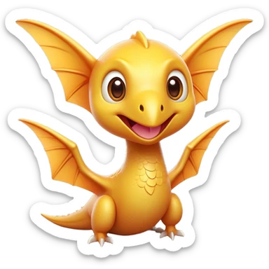 Cinematic Cute Pterodactyl Portrait Emoji, Head tilted playfully with a charming smile, featuring a diminutive, agile form with delicately curved wings and wide, sparkling eyes full of endearing wonder, Simplified yet irresistibly adorable features, highly detailed, glowing with a warm, inviting pastel glow, high shine, affectionate and lively, stylized with a touch of whimsical prehistoric charm, soft glowing outline, capturing the essence of a mischievous yet lovable Pterodactyl that seems as if it could flutter out of the screen into your arms! sticker