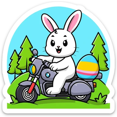 Easter bunny riding a BMW boxer motorcycle with trees and grass in the background and colorful Easter eggs hidden in the grass sticker
