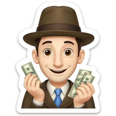 Jewish man with a big nose having his hands clenched together while smiling when he sees money , add the side curls and the funny hat  sticker