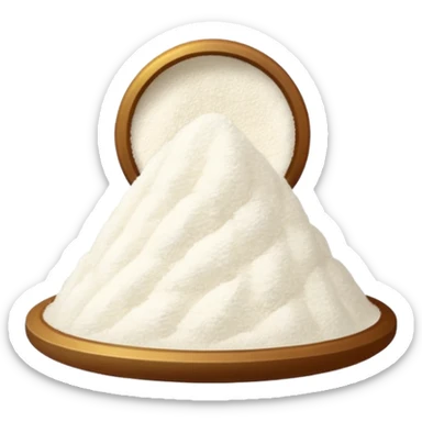 small translucent pile of fine off-white powder with a light fluffy texture, gently mounded or slightly scattered, very fine matte grains resembling starch or gelatin substitute, no spoon bowl or extras, soft lighting, subtle shadows, emoji scale sticker