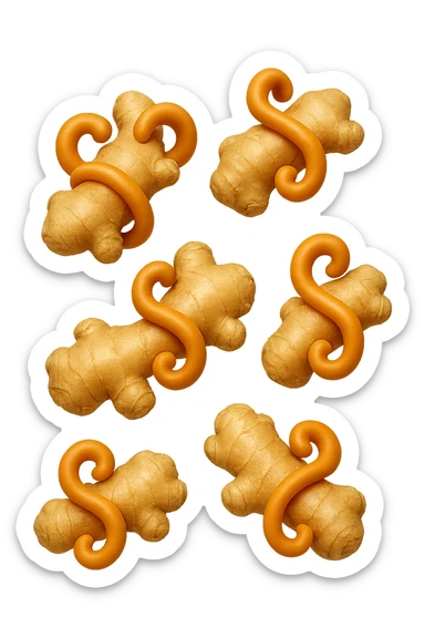 emoji stile iphone 3d di 6 piccoli pezzi di zenzero che fluttuano in aria con pezzi di colon arrotolati intorno, iperrealistico 4k sticker