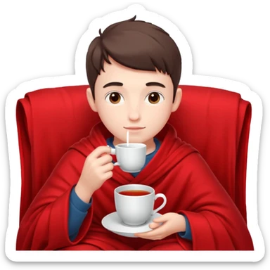 a European boy is sitting in a red blanket, drinking tea sticker