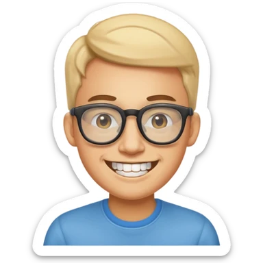 smiling coder with big glasses and buck teeth, simple, clear emoji style sticker