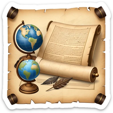 An icon featuring an ancient scroll, a quill pen, and a globe, symbolizing the study of history. The design includes a timeline with significant historical events, with ruins in the background to evoke past civilizations. Transparent background emphasizes the exploration of human history sticker