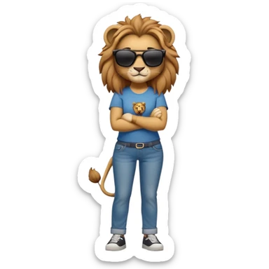 friendly anthropomorphised female lion character, full body, standing confidently with arms folded, wearing jeans, a t-shirt, and dark sunglasses, with a confident smile sticker