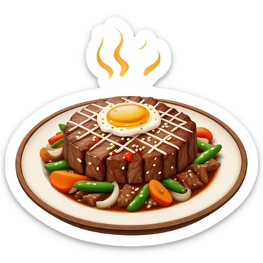 Cinematic Realistic Bulgogi Dish Emoji, featuring tender, marinated beef stir-fried with vegetables rendered with dynamic textures and mouth-watering lighting. sticker