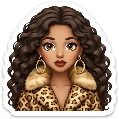light brown skin tone, very beautiful woman, with big plump lips, long long lashes, black wavy long hair, brown eyes, leopard fur coat, gold hoop earrings sticker