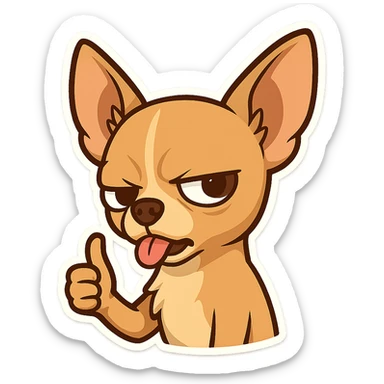 Cat meme emoticon package, a mean Chihuahua, tilting its head, sticking out its tongue, giving a thumbs up, with a confident and arrogant expression, sticker