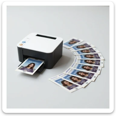 realistic thumbnail for a passport size photo printing service, with a printer and a wide array of printed passport photos arranged in a fan shape beside it, on a clean background sticker