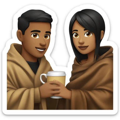 LIGHT BROWN SKIN BOY, with SHORT STRAIGHT BLACK HAIR and a TAN SKIN GIRL, with BLACK HAIR and BANGS, inside a blanket sipping coffee sticker