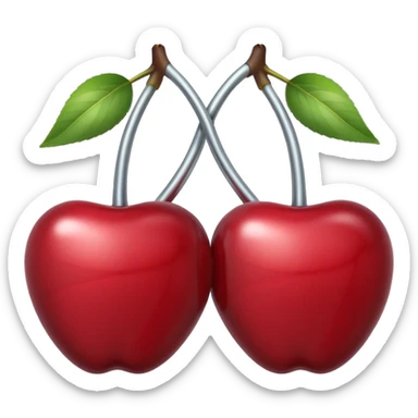 A pair of cherries emoji made of polished silver chrome, smooth rounded shapes, glossy metallic finish, soft highlights and reflections, cute proportions, iOS emoji style, centered, clean white background, no text sticker