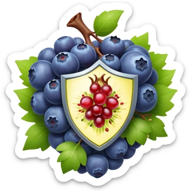Antioxidant-rich foods (blueberries, pomegranate, grapes, dark chocolate, green tea) surrounded by a powerful, bright protective shield. The shield emits intense rays that destroy dark particles of free radicals, creating a strong protective barrier around body cells. sticker