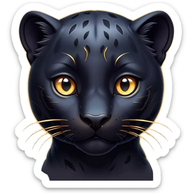 Cinematic Cute Panther Portrait Emoji, Head tilted playfully and inquisitively, with a smooth, streamlined form accentuated by a subtle sheen and round, sparkling eyes filled with charm, Simplified yet irresistibly adorable features, highly detailed, glowing with a warm, inviting glow, high shine, affectionate and lively, stylized with a touch of whimsical mystery, bright and endearing, soft glowing outline, capturing the essence of a mischievous yet loving panther that seems as if it could pounce out of the screen into your arms! sticker