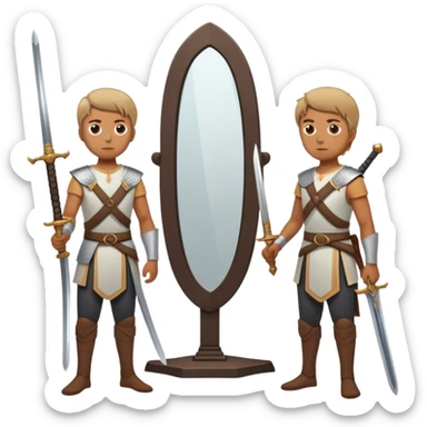 A person standing in front of a mirror, looking at their own reflection, while a sword on the ground beside them. The mirror represents self-awareness and acceptance sticker