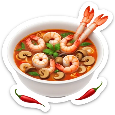 Cinematic Realistic Tom Yam Kung Soup Dish Emoji, showcasing a spicy, sour shrimp soup with herbs and mushrooms rendered with lifelike textures and bold, dynamic lighting. sticker