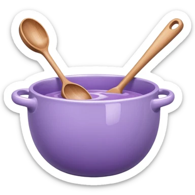 a lilac ceramic mixing bowl with a wooden spoon stirring sticker