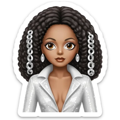 Diana Ross with long dark brown hair, white sequin outfit sticker