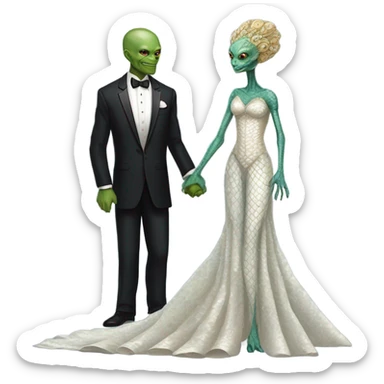 Alien reprilian woman in wedding dress and one humman man in a tuxedo holding hands getting married sticker