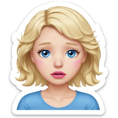 Girl Blonde short wavy hair,  blue eyes, cute blue top, long lashes, pink lips,crying with big tears running down the face  sticker