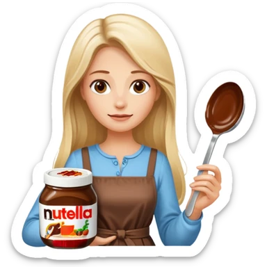 Nutella with a spoon. The glas of Nutella is almost empty . Next to the Nutella is the head of a blond woman who is looking forward to eat the Nutella. The hair of the woman needs to be longer. She is holding a big carriage of Nutella in her right hand and a oversized spoon in the other  sticker