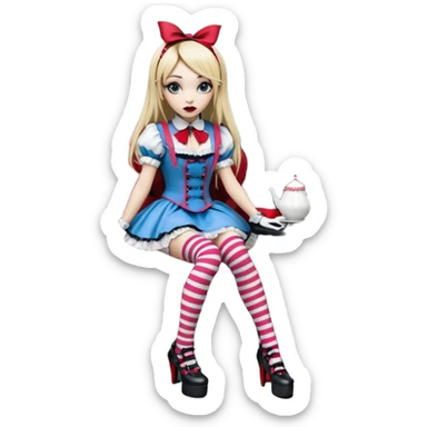  3d rendering,  ultra detailed, Alice in wonderland modern style in a punk gothic style outfit, stripped knee high socks, gothic platform heels, long blonde hair, eyeliner, red lipstick, perfect makeup, at the tea party in gothic victorian style,  transparent background
 sticker
