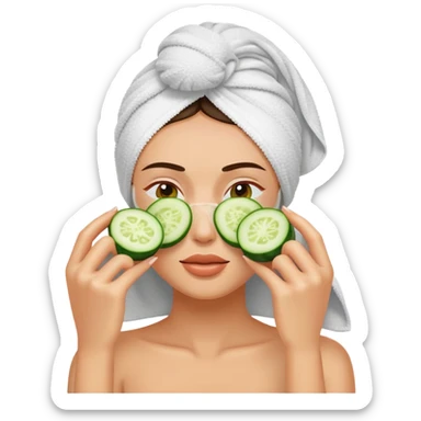 Faceshot of a woman in a towel with cucumbers covering her eyes sticker