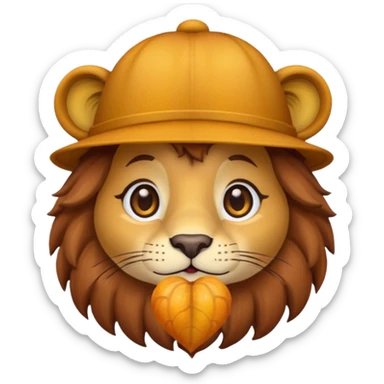 cute lion with a chestnut hat, emoji-inspired, big sparkling eyes, warm friendly face, autumn color palette, simple cartoon look sticker