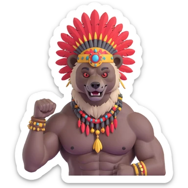 A native strong buff hyena with war bonnet flexing posing holding human head  sticker