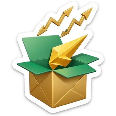 3D minimal open box with small floating icons coming out (envelope, lightning bolt, star), soft matte finish, deep green (#0B3D2C) box, gold (#C9B037) floating icons, Apple style, ultra clean and sleek, very soft ambient shadow, transparent background sticker