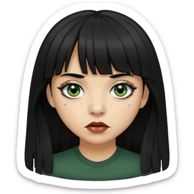 Mulher de franja cabelo preto pele verde bem escuro com a cara machucada com os olhos regalado fundo escuro cabelo longoo sticker