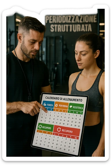 realistic cinematic photo a personal trainer and a client stand in a modern gym, reviewing a large, color-coded training calendar or chart on a tablet. The calendar shows different phases (Forza, Ipertrofia, Resistenza, Recupero) with icons and dates. Around them, gym equipment and motivational posters reinforce the idea of structured, periodized training. in italiano sticker