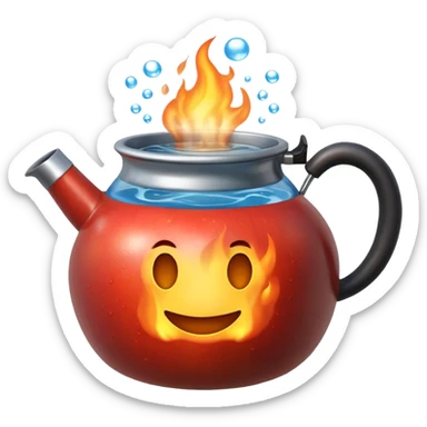 Ultra detailed 3D Apple-style emoji of a small pot or kettle filled with water placed on fire, the water is boiling intensely with visible steam and bubbles rising, bright lighting, clean white background, high-quality realistic emoji rendering. sticker
