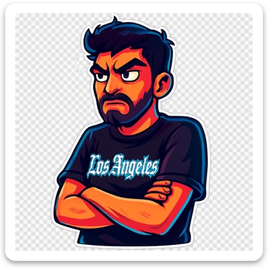 Convert the photo to a cartoon sticker in the style of Flux Pro with an angry expression and transparent background. The style should reflect the vibrant and pop colors typical of Flux Pro cartoon stickers. sticker