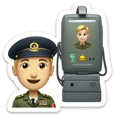 smiling boy in military uniform taking lie detector sticker