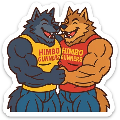 two hyper-muscular wolf furry characters in 'Himbo gunners' t-shirts, hugging, big smiles, playful and affectionate, oversized muscles sticker