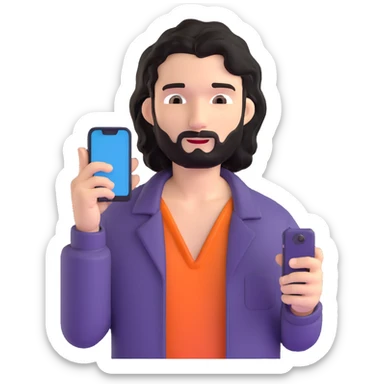 Business professional with black wavy hair, stubble, chiseled face, in casual attire with open collar shirt, relaxed pose with smartphone, warm approachable expression, modern and relatable for social media profile sticker
