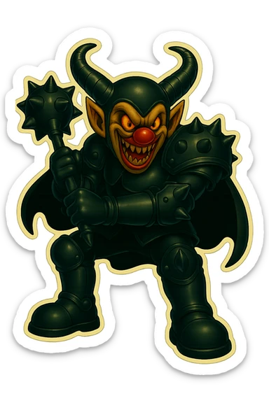 A menacing armored clown with ram horns, glossy black on matte black armor, short cape, large but not comically oversized black clown shoes, oversized spiked mace with the head hanging down in a relaxed pose, spikes on knee, elbow, and shoulder armor, glowing gold-red eyes, vibrant retro stickers style, no yellow aged tint, full body, transparent background. The clown is talking, mouth open as if speaking. sticker