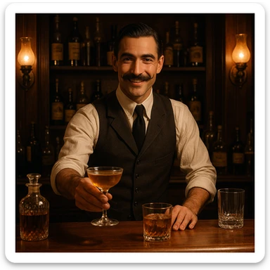 A speakeasy bartender, mustache, vest, serving drinks behind a classic bar, dimly lit. sticker