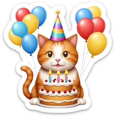 Ginger cat celebrates birthday, birthday hat, birthday cake, balloons, happy sticker