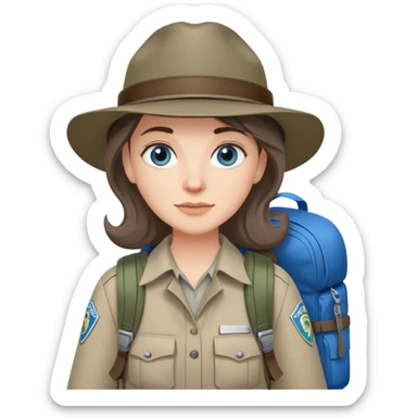 white woman park ranger with gray and brown hair, blue eyes, wearing a backpack sticker