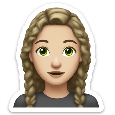 Brunette white girl with green eyes and medium length flippy hair and freckles on nose sticker