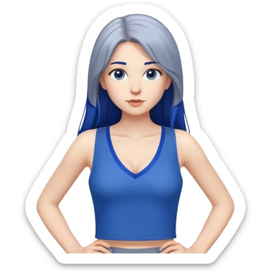 hyperrealistic caucasian, larger on top, cobalt  blue long straight hair, white deep v-neck crop tanktop, gray tight mini skirt sticker